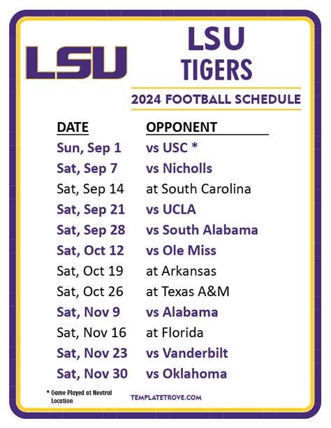 Printable 2024 LSU Tigers Football Schedule