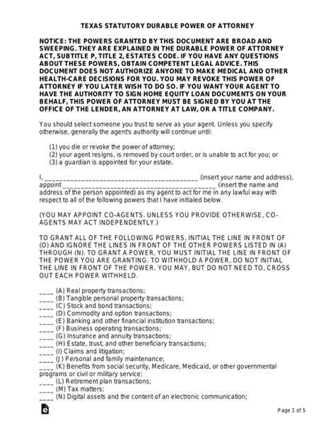 Free Texas Durable (Statutory) Power of Attorney Form - PDF | Word – eForms