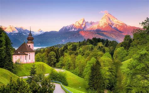 Bavaria, Germany, church, road, trees, landscape, sky, HD wallpaper ...