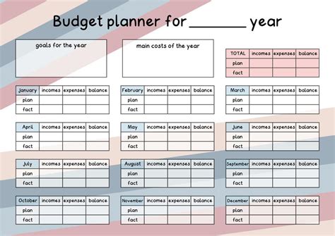 Year budget planner template page. Monthly financial plan of incomes, expenses and savings ...