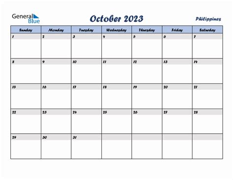 October 2023 Monthly Calendar with Philippines Holidays