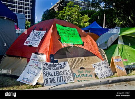 Tents of the Occupy Wall Street protest encampment at Los Angeles City Hall in October, 2011 ...