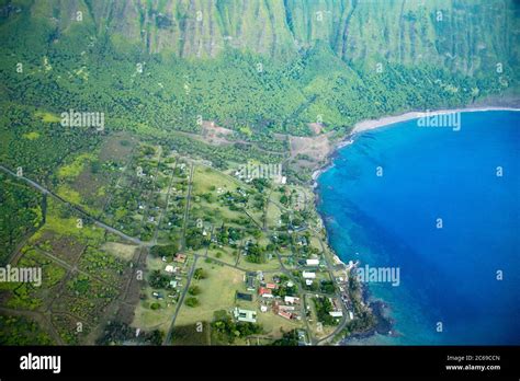 An aerial view of the town of Kalaupapa on the Kalaupapa Peninsula ...