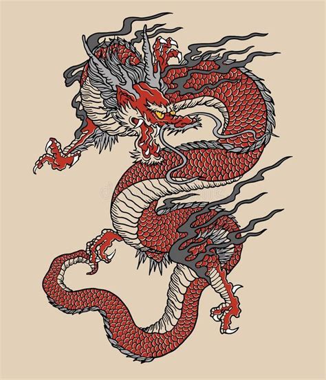 Japanese Red Dragon Tattoo Illustration. Full color vector art. stock ...