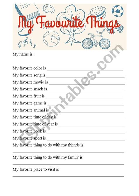 My Favorite Things Printable Worksheet