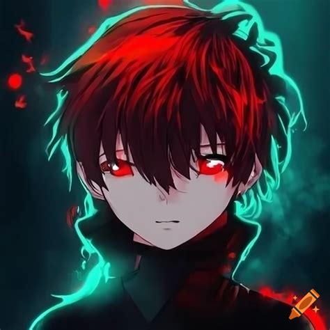 A cool anime boy with red eye glowing like red flames with black hair for a profile picture on ...