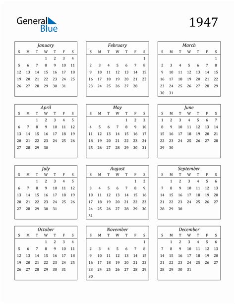 1947 Blank Yearly Calendar Printable