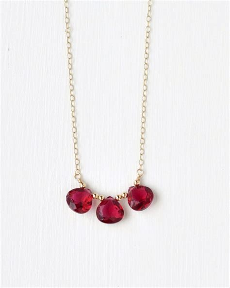 Red Gemstone Necklace / Three Stone Necklace / Cherry Red