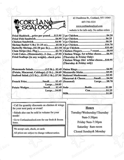 Menu at Cortland Seafood restaurant, Cortland