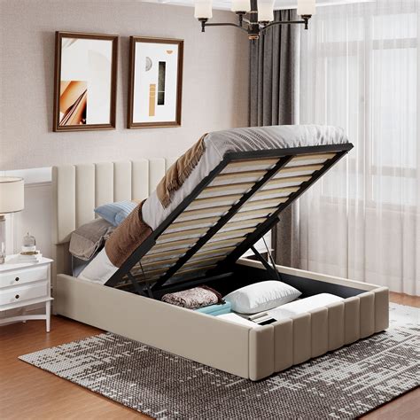 Beige Upholstered Platform Bed Frame, Full Size Storage Bed Frame with Upholstered Headboard ...