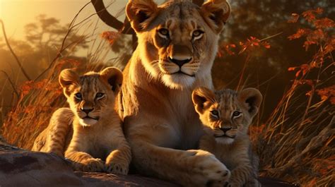 Premium Photo | A majestic lion family resting and enjoying the golden african savanna at ...