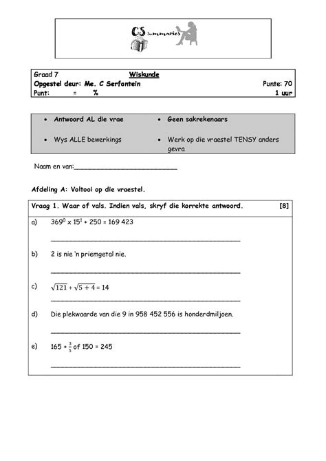 Graad 7 Wiskunde toets Kwartaal 1 • Teacha!