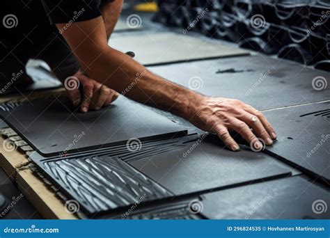 Worker Installing Ceramic Tiles. Construction and Architecture Concept ...