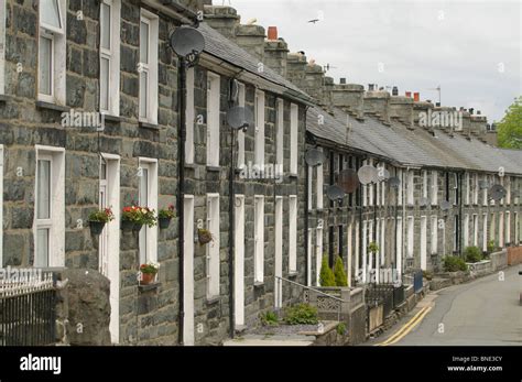 Terrace of former quarry workers cottages in Trawsfynydd village ...