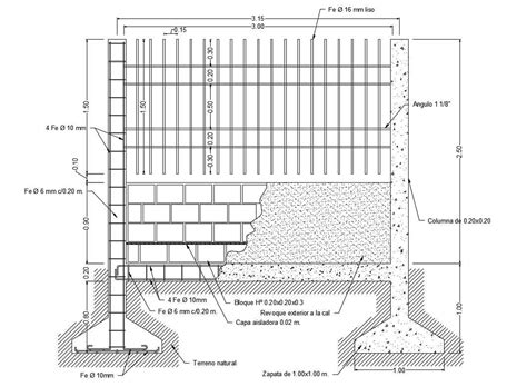 Fence section and construction details with footing dwg file - Cadbull