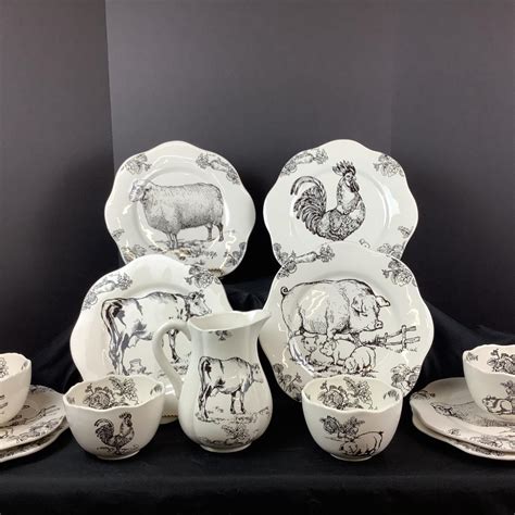 5122 13pc Set of "Barnyard Toile" Dishes by E. Trostli | EstateSales.org