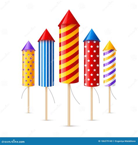 Group Of Color Firework Rockets Isolated On White Background For Party Design Stock Vector ...