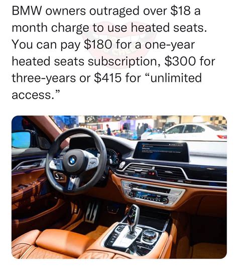 BMW owners outraged over $18 a month charge to use heated seats. You can pay $180 for a one-year ...