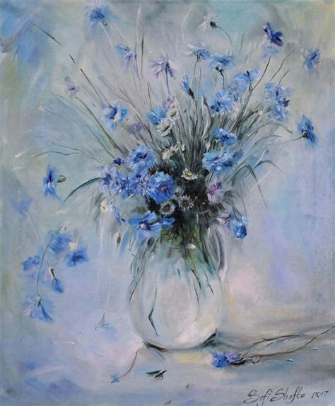 Original still life Blue cornflower oil painting on canvas handmade ...