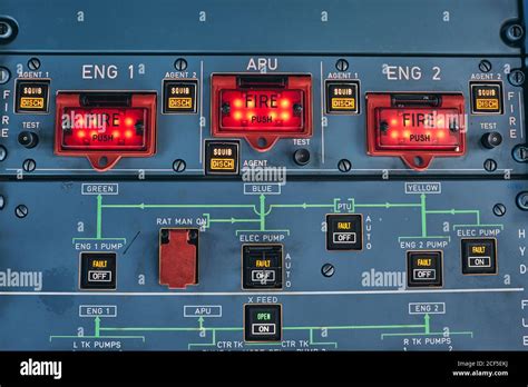 Closeup of fire buttons and warning lights on control console in cockpit of contemporary ...