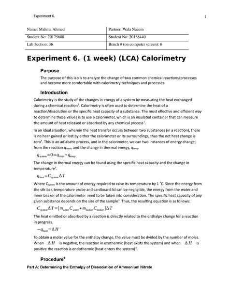 Calorimetry Lab Report - Name: Mahma Ahmed Partner: Wala Naeem Student No: 20175600 Student No ...