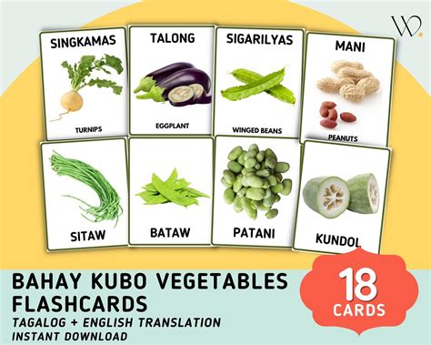 Bahay Kubo Vegetables 18 Cards Flashcards Tagalog Flashcards With English Translation, Printable ...