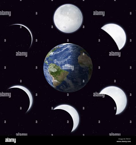 imaginary illustration of moon phases calendar around earth Stock Photo ...