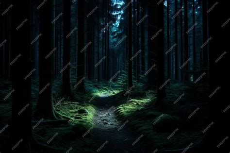 Premium AI Image | a path through a dark forest at night