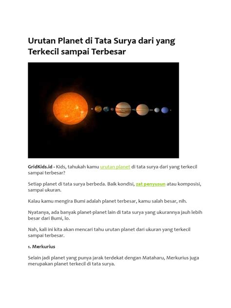 Urutan Planet Di Tata Surya Dari Yang Terkecil Sampai Terbesar | PDF