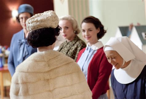 Chummy, Sister Evangelina, Trixie, Jenny Lee and Sister Julienne greeting Princess Margaret ...