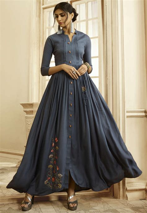 Buy Embroidered Cotton Maxi Dress in Dark Grey Online : TCH49 - Utsav Fashion