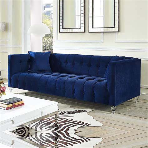 85.8" Modern Blue Velvet Upholstered Sofa 3-Seater Tufted Sofa Luxury ...