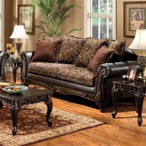 Venetian Worldwide ROTHERHAM Floral Brown Fabric & Espresso Leatherette Sofa w/ Pillows - Made ...