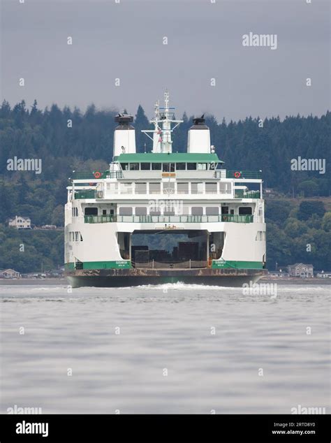 Mukilteo, WA, USA - September 11, 2023; Washington State Ferry MV Suquamish with head on ...