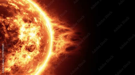 Realistic 3d illustration of Sun surface with solar flares, Burning of ...