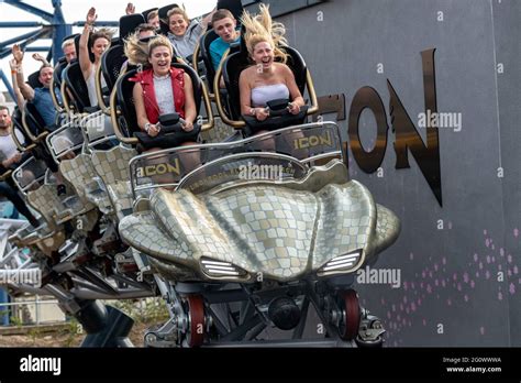 Riders Enjoying Blackpool Pleasure Beach New Rollercoaster, ICON Dare to Ride by Mack Rides of ...