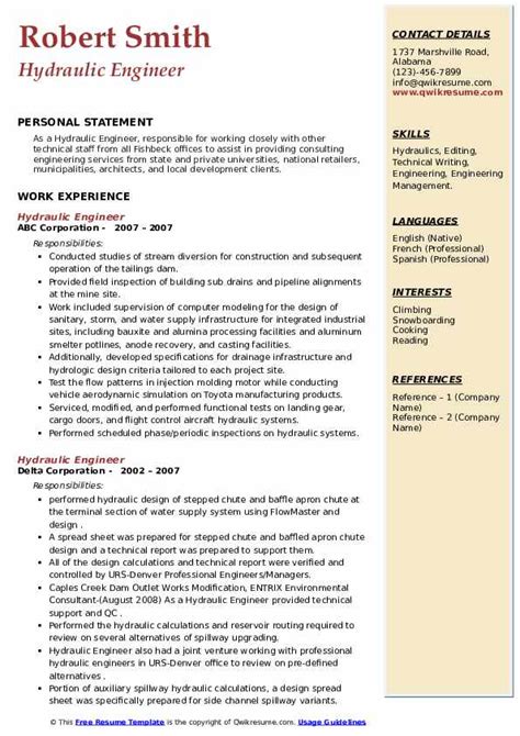 Hydraulic Engineer Resume Samples | QwikResume