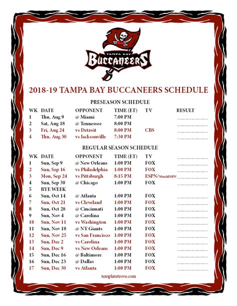 Printable 2018-2019 Tampa Bay Buccaneers Schedule