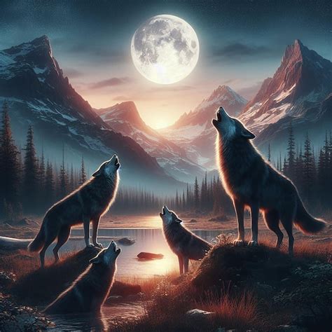 Wolves howling at the moon in a wilderness setting | Premium AI ...