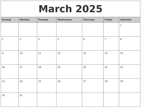 March 2025 Monthly Calendar Printable