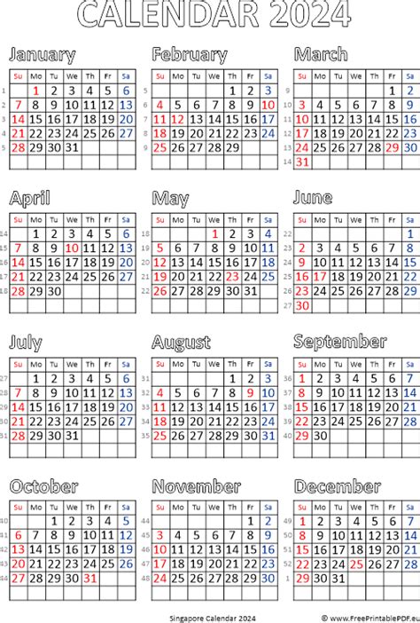 Calendar 2024 Singapore | Gratis utskrivbara PDF