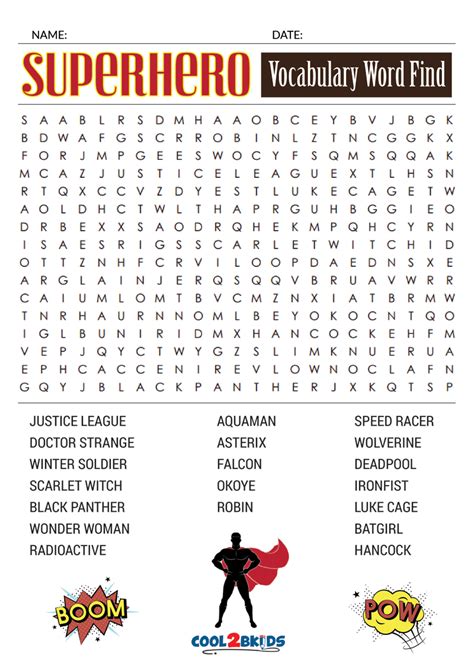 printable superhero word search cool2bkids - 20 word searches for kids ...