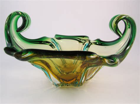 Vintage Murano Art Glass Bowl Green and Amber Gold Glass with