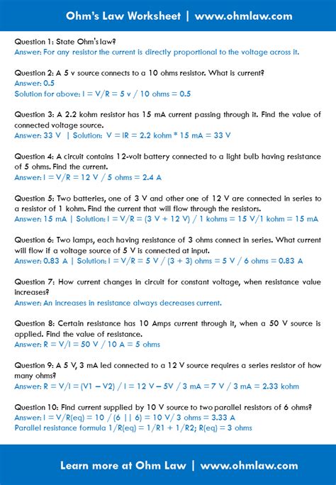 Ohm's Law Practice Problems Worksheet