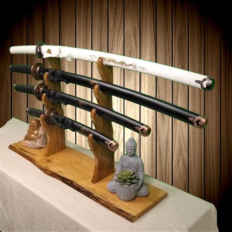 Rustic 4 Tier Sword Stand Display Oak Base Katana Wakizashi Tanto Samurai Mantel Desk Top ...