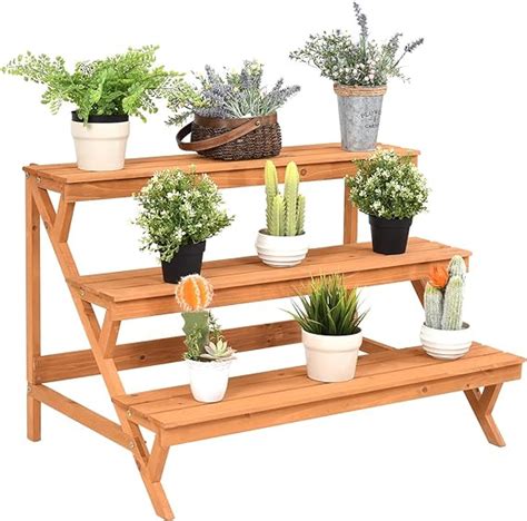 Giantex 3-Tier Wood Plant Stand, 35inch Wide Ladder Shelf Flower Pots ...