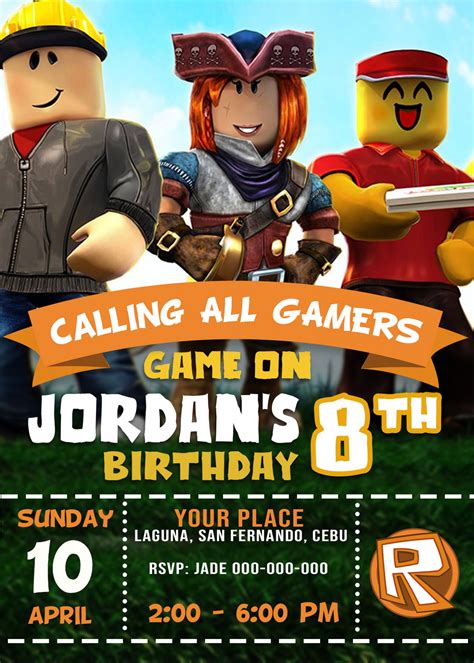 ROBLOX Birthday Party Invitation 4 x 6 or 5 x 7 FREE BACKSIDE - Jamakodesigns