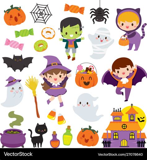 Kawaii cute halloween clipart set Royalty Free Vector Image