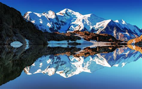 Wallpaper France, Alps, Mont Blanc, white mountains, lake, reflections ...