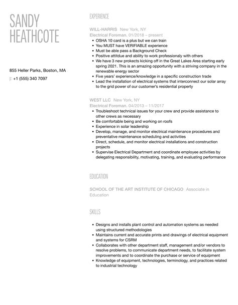 Electrical Foreman Resume Samples | Velvet Jobs